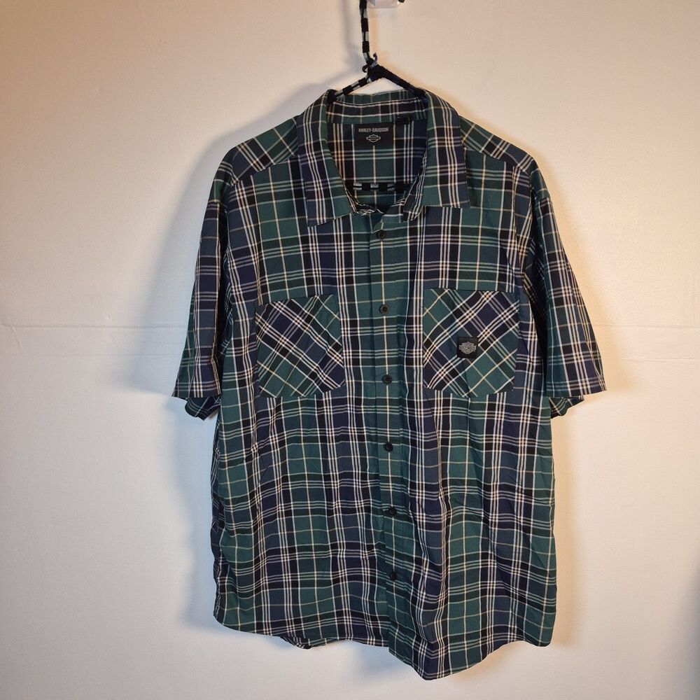 Harley Davidson Men's Button Up Shirt Size 2XL Plaid Green Multi Short Sleeve